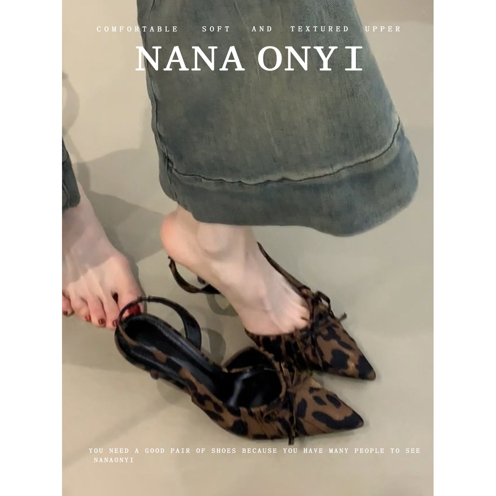 羊皮版！豹纹包头凉鞋女夏外穿蝴蝶结细跟高跟鞋气质性感尖头单鞋