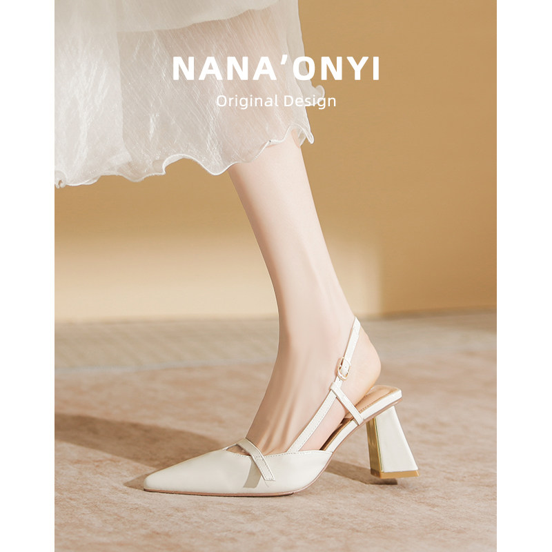羊皮版~包头凉鞋女2025新款春季单鞋粗跟后空高跟鞋中跟尖头女鞋