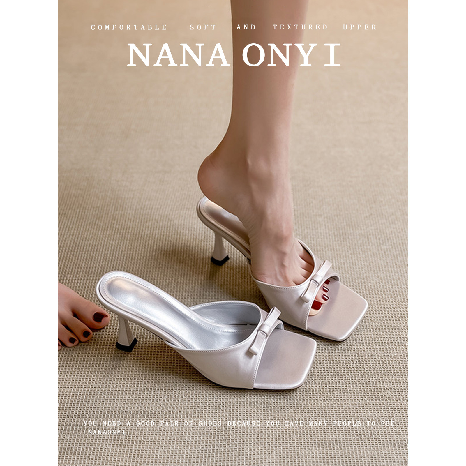 羊皮版~高跟凉鞋女夏外穿高级感蝴蝶结一字带方头银色细跟高跟鞋