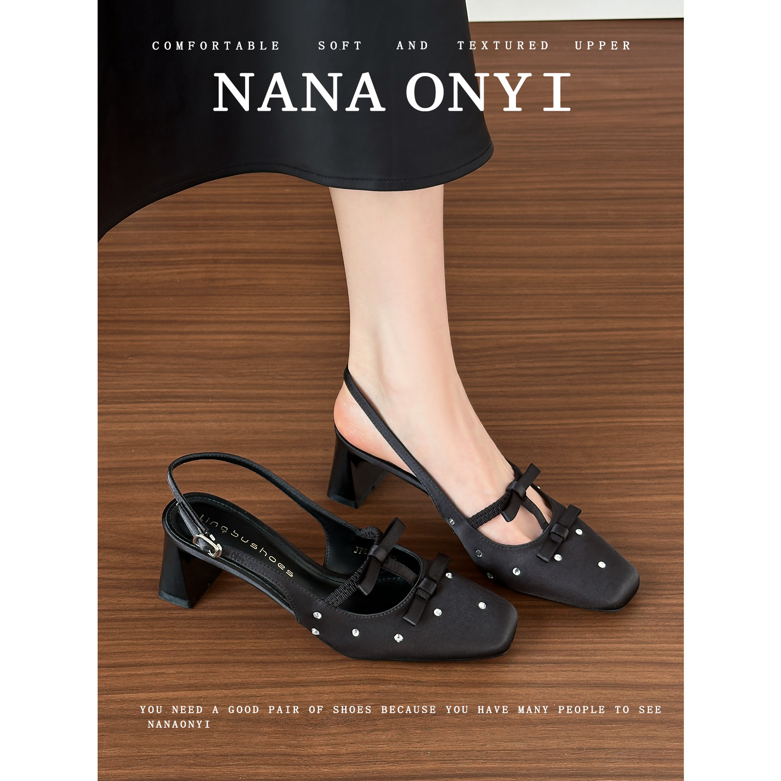 羊皮版~包头凉鞋女夏季配裙子2026新款方头蝴蝶结绝美粗跟高跟鞋