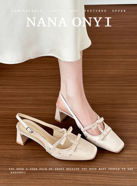 羊皮版~绝美高跟鞋女粗跟2026新款配裙子方头水钻蝴蝶结包头凉鞋