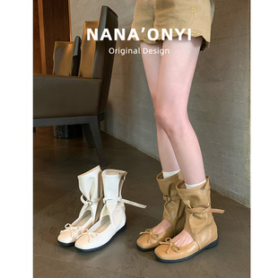 羊皮版~复古蝴蝶结镂空芭蕾舞靴夏季皮带扣堆堆凉靴女中筒裤管靴