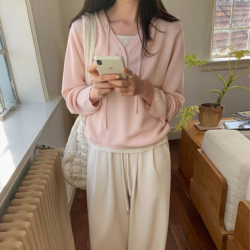 休闲假两件针织帽衫女2024春季新款韩版系扣套头简约宽松显瘦上衣