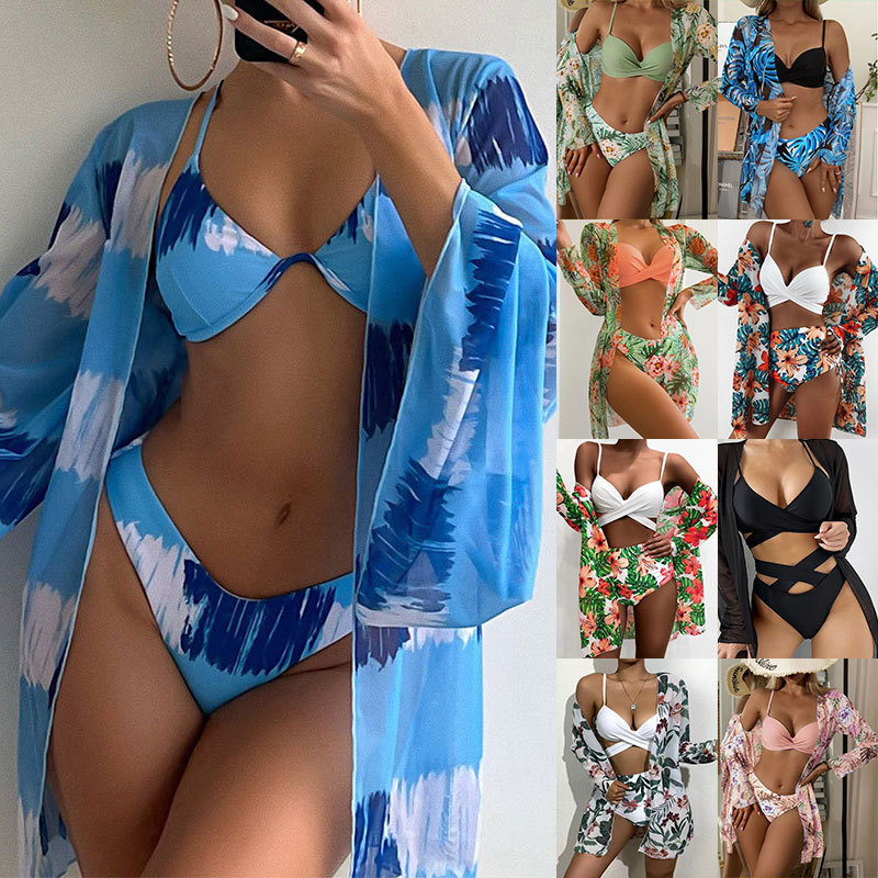 欧美新款印花防晒沙滩钢托泳装三件套罩衫网纱女士比基尼泳衣