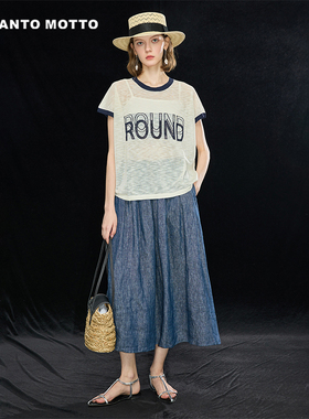 【时髦字母印花针织衫】25年夏季新款撞色圆领短袖上衣女