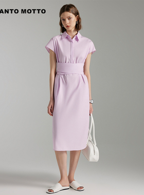 【100%纯棉】夏新款时尚绑带式腰封显瘦设计感衬衫式连衣裙女