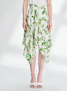 canto motto雾道商场同款夏季清新绿色印花丝质半身裙