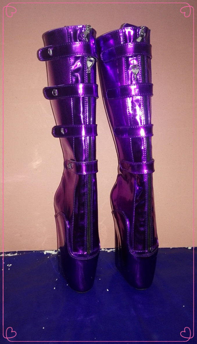 冬季女款芭蕾舞靴 闪亮紫金色漆皮带锁芭蕾包跟高筒女靴高跟