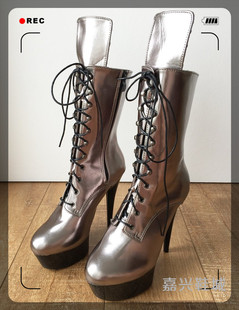 长舌头哑光仿皮香槟金色15CM烤漆防水台性感短靴 女靴 CDX0