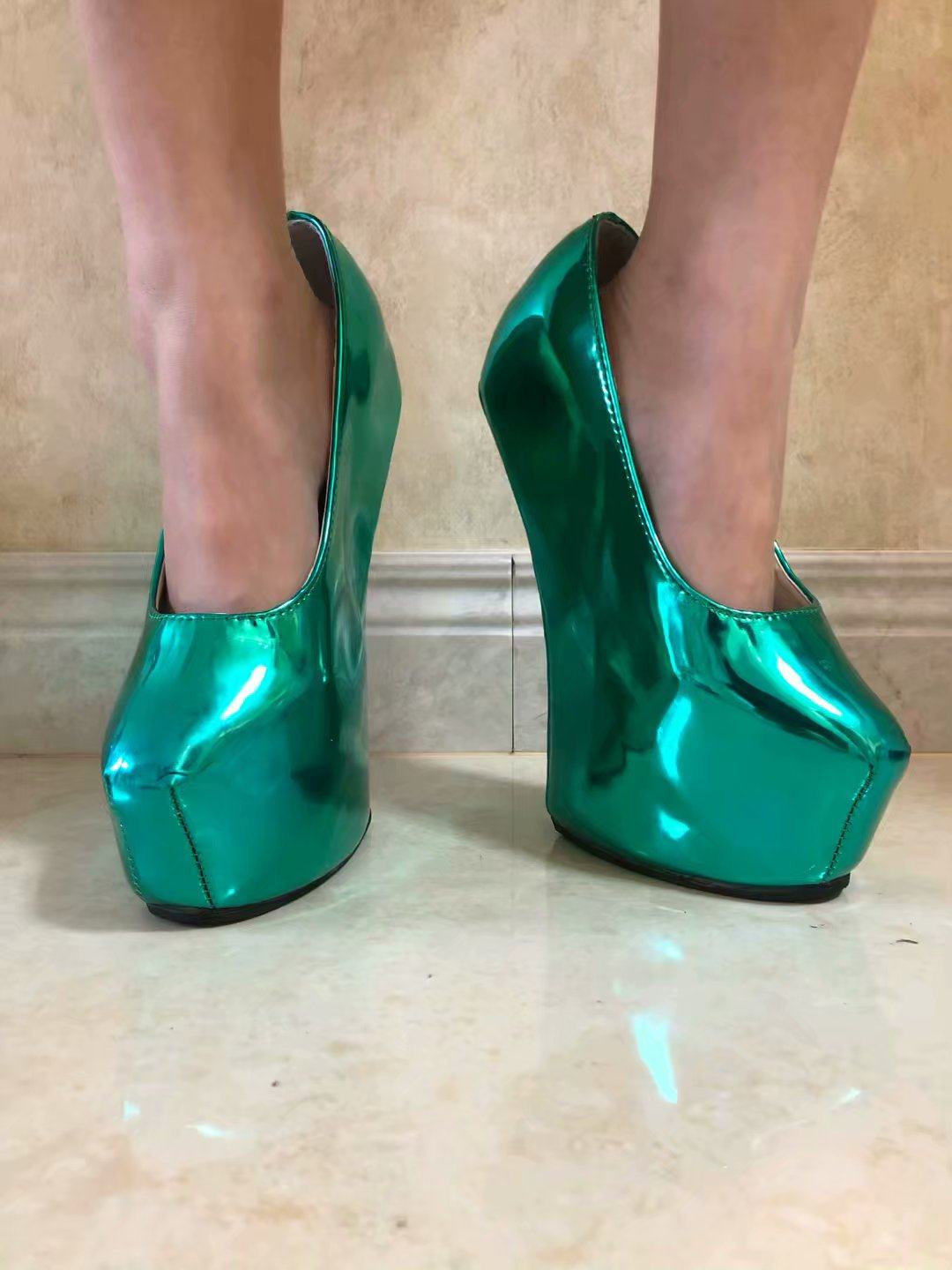 优雅荧光绿性感无跟高跟鞋 异刑跟高跟女鞋马蹄鞋恨天高无跟鞋 z1