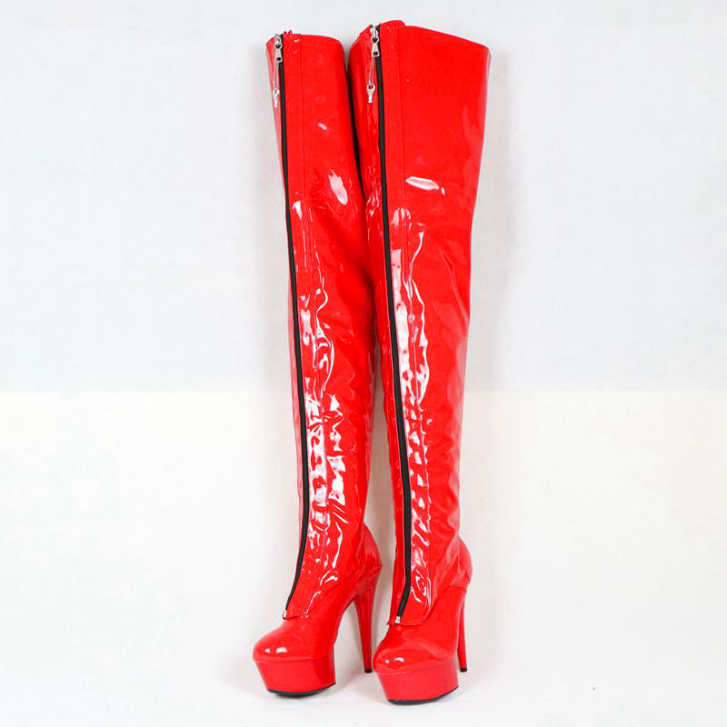 春季红色漆皮内绑带外侧可锁拉链细跟超高跟过膝长靴  C1102