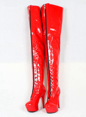 春季红色漆皮内绑带外侧可锁拉链细跟超高跟过膝长靴  C1102