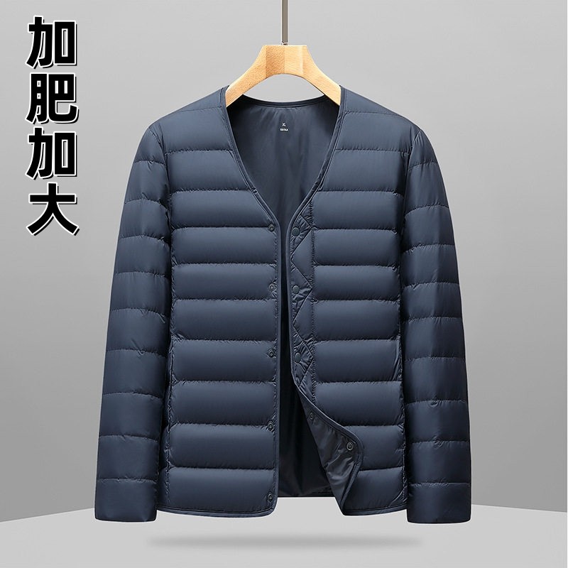 秋冬中老年男士大码轻薄羽绒服加肥加大胖人纽扣保暖外套爸爸上衣