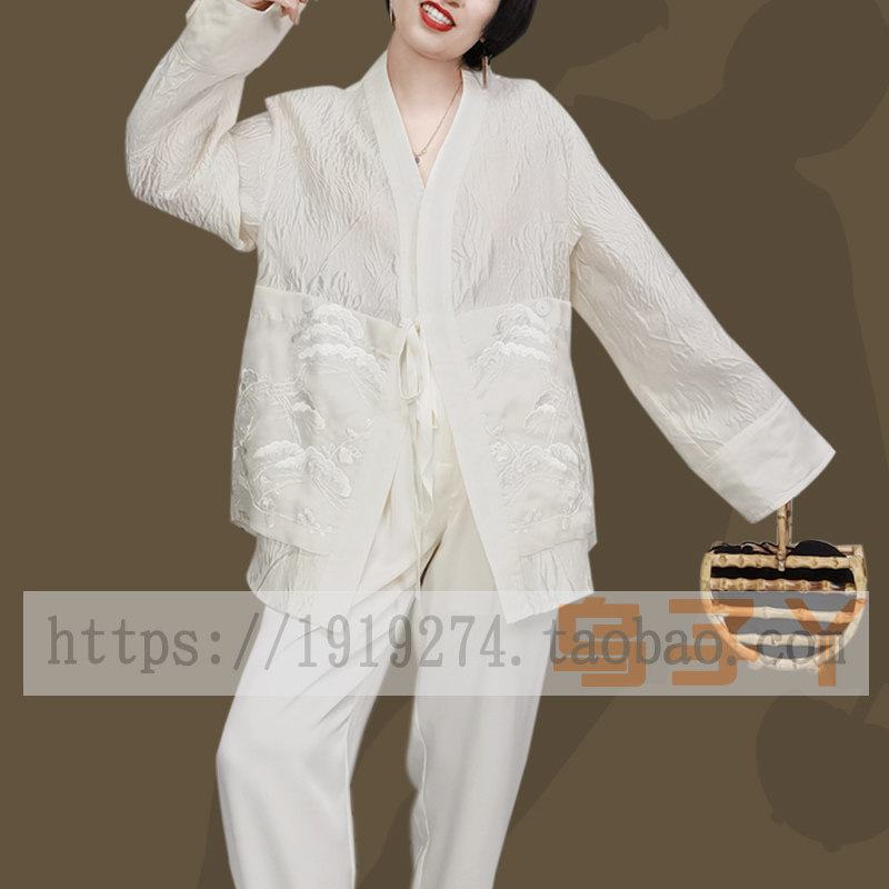 399特价 章海燕米白色重工提花绣花绑带外套真丝拼接中国风