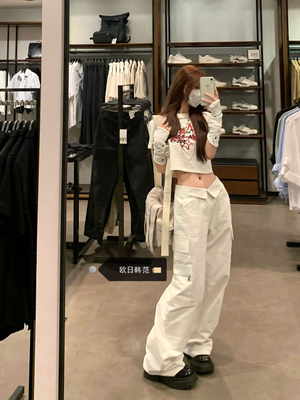 大码白色工装高腰阔腿牛仔裤女