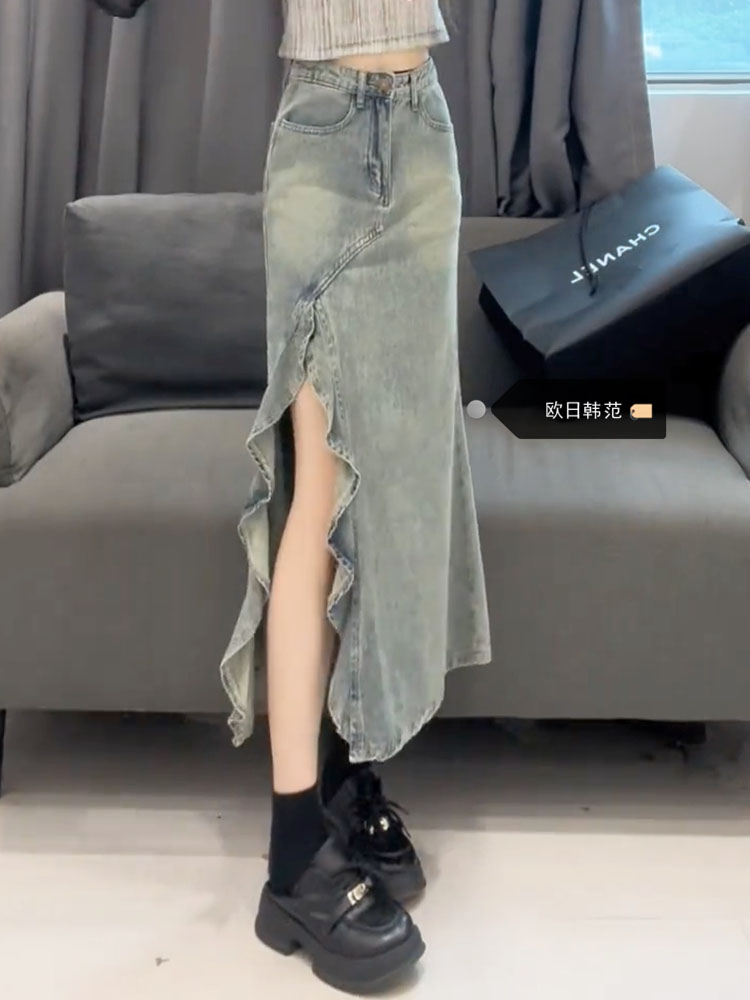 大码美式高街不规则鱼尾半身裙女秋季新款高腰显瘦做旧色a字长裙