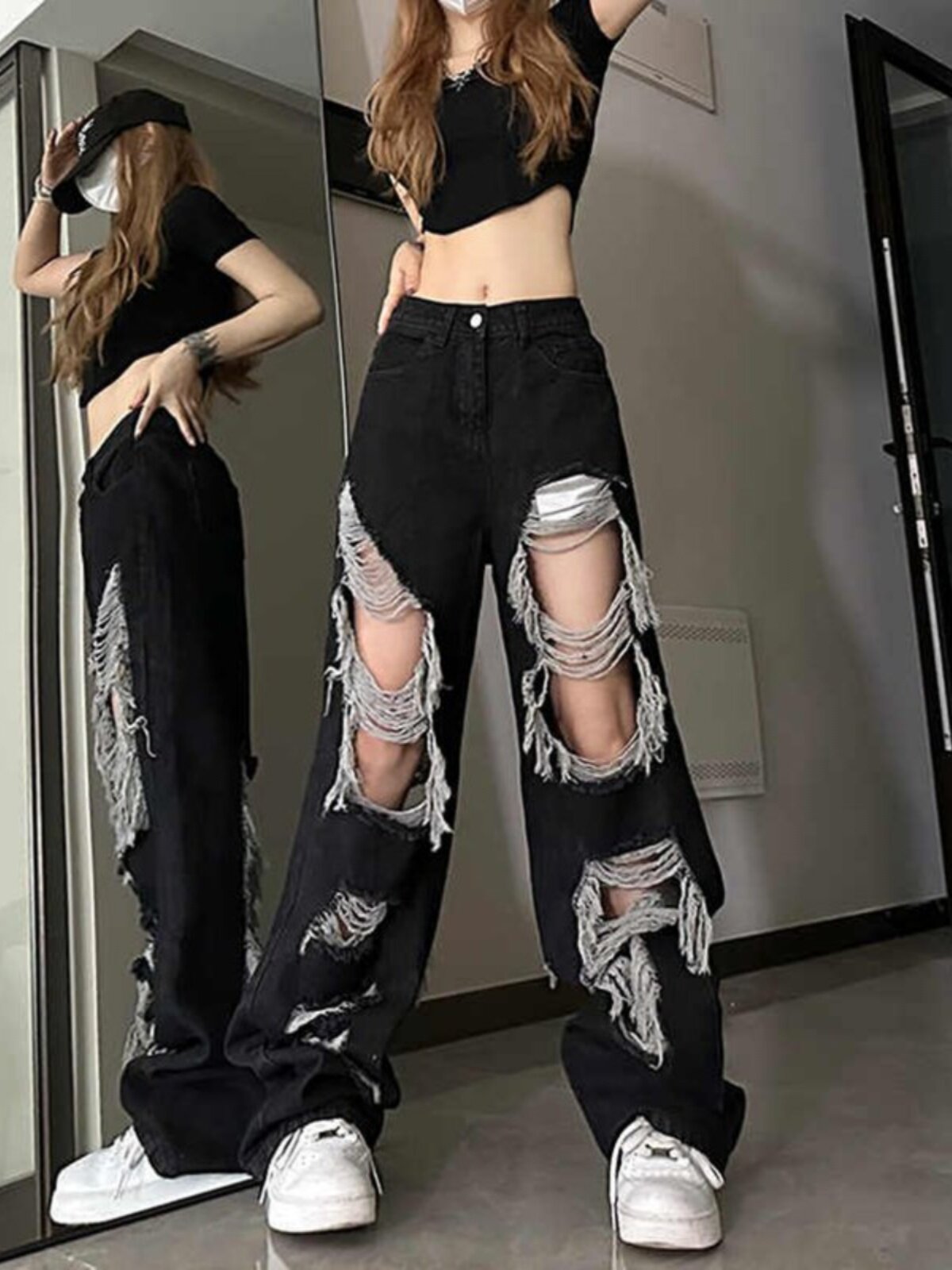 PLUS SIZE BLACK WASHED RIPPED JEANS WOMENS SUMMER HIGH WAIST BEGGAR PANTS LOOSE STRAIGHT LEG WIDE LEG MOP PANTS TIDE