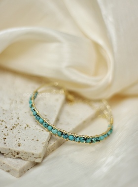 天然绿松石手镯手工手链波西米亚风小众高级感手环镀14k金