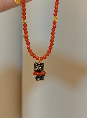 【小红书爆火】巴西红玛瑙项链招财猫原创设计高级感猫咪锁骨链