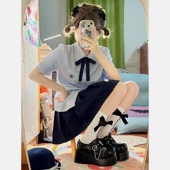 JK制服套装 学院风刺绣制服夏衬衫 三件套 jk套装 刺绣白蓝色短袖