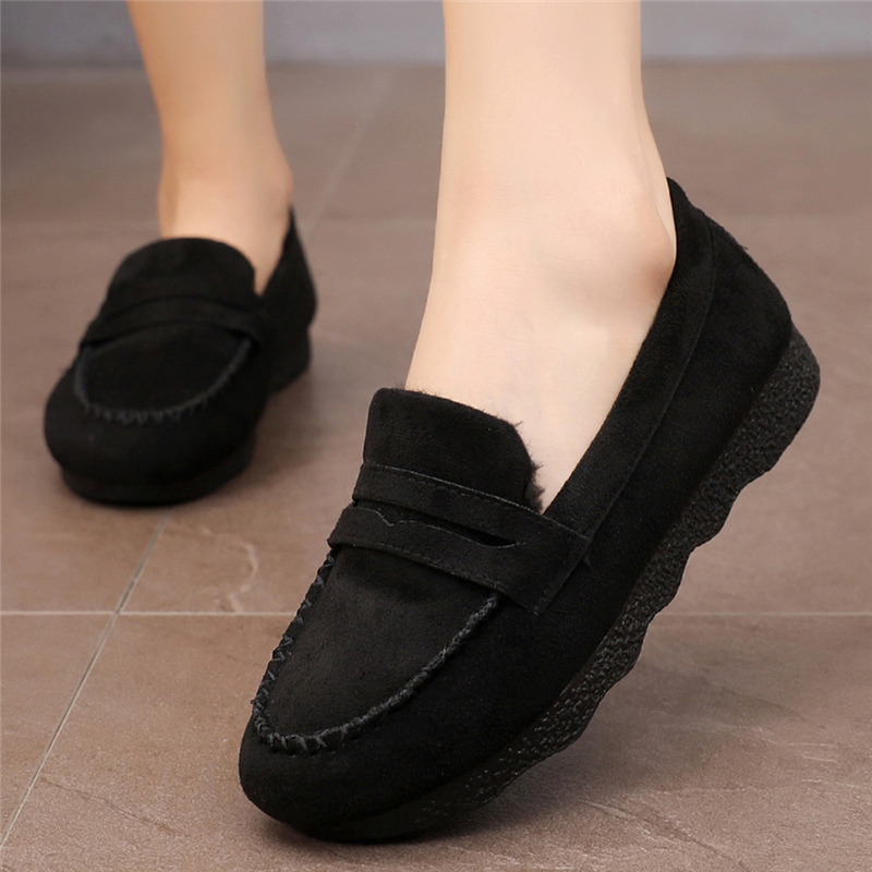 秋冬季平底鞋老北京布鞋加绒保暖女鞋棉鞋软底豆豆鞋黑色工作鞋女