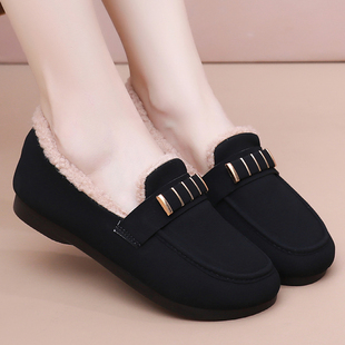 秋冬款加绒豆豆鞋女工作鞋软底妈妈鞋防滑老北京布鞋一脚蹬懒人鞋