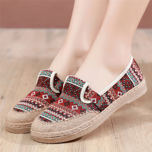 春秋季新款老北京绣花布鞋女单鞋复古妈妈鞋平底透气亚麻鞋懒人鞋