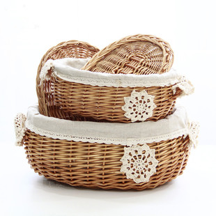有盖柳条储物篮欧洲风格可爱和浪漫绣花手柄藤柳条储物篮储物篮