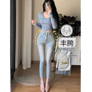 自带丰胯垫~掐腰丰胯浅色韩系显瘦修身提臀小脚裤弹力丰胯牛仔裤
