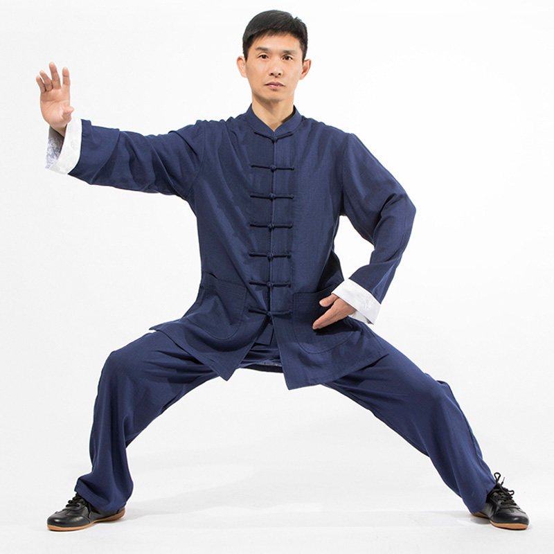 柏龄新款太极服棉麻锦男款春秋季练功中国风太极拳运动套春装翻袖