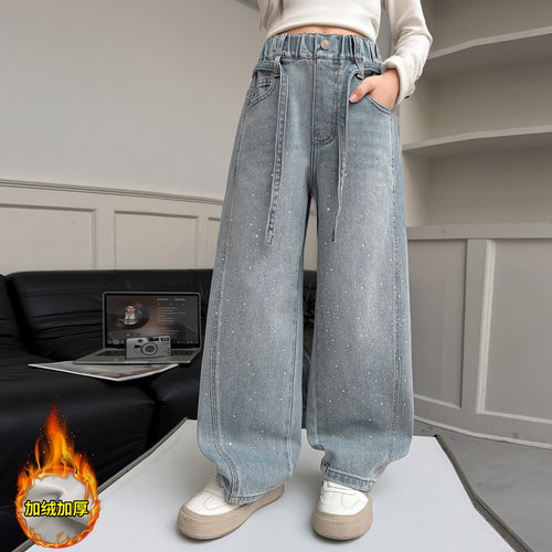 女童牛仔阔腿裤加绒加厚水钻