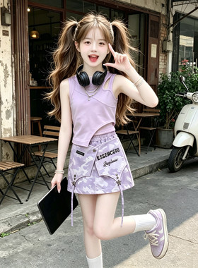 女大童夏季甜酷迷彩工装裙套装