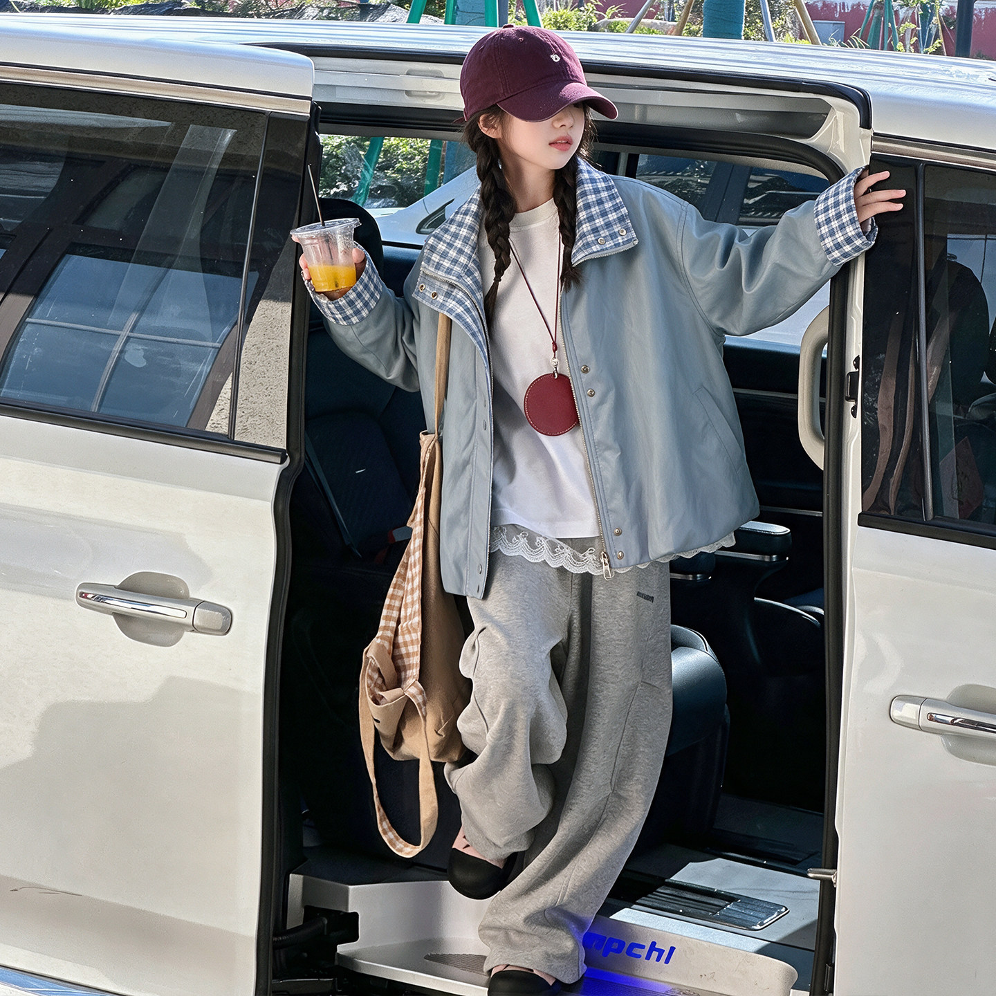 女大童韩系休闲风假两件拼接翻领皮衣夹克2026春秋新款女孩外套。