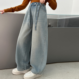 女童满天星牛仔阔腿裤2026春装新款洋气休闲长裤女大儿童系带裤子