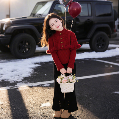 女童复古红色斗篷针织衫秋冬