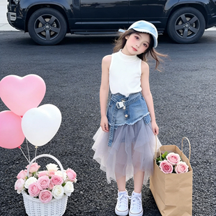 女童无袖背心牛仔网纱半身裙两件套2026夏季新款韩版女大儿童裙子