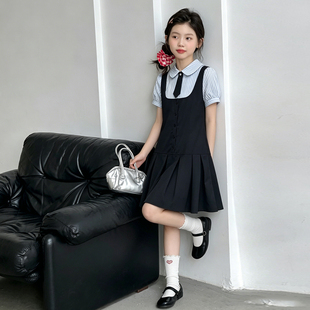 女童学院风假两件连衣裙夏季学生韩版条纹拼接女大儿童裙子薄款。