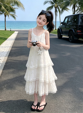 女童白色吊带蛋糕裙夏季长款蕾丝连衣裙度假风长裙子女大儿童洋气
