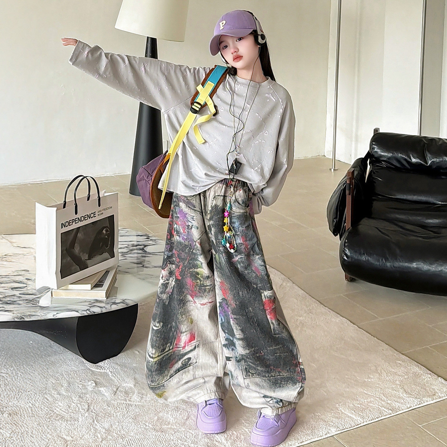 女童美式涂鸦街头风阔腿裤2026春秋新款女大童裤子时尚儿童工装裤,童装/婴儿装/亲子装,工装裤,淘宝优惠券,粉丝福利购,淘宝优惠卷