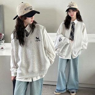 学院风女童2026春秋新款套装V领卫衣背心衬衫女大童两件套初中生