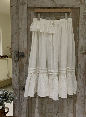 现货Jammer复古文艺时尚休闲亚麻白色荷叶边花边半身裙