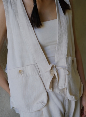 现货 日本Brocante编织水洗工装大口袋V领背心马甲