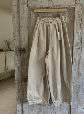 现货HARVESTY日本小众设计复古文艺宽松米色棉质裤子