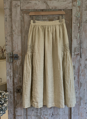 现货Jammer复古文艺时尚简约米黄色褶皱半松紧腰半身裙