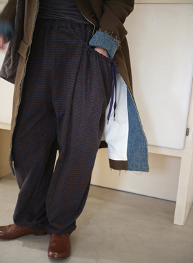 现货 日本nunuforme 宽松文艺小清新大口袋磨毛长裤格子裤