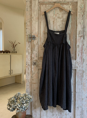 现货Jammer复古文艺时尚休闲亚麻深灰色背带裙