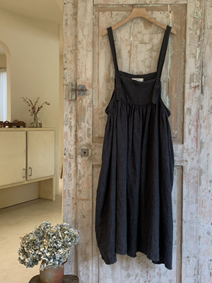 现货Jammer复古文艺时尚休闲亚麻深灰色背带裙