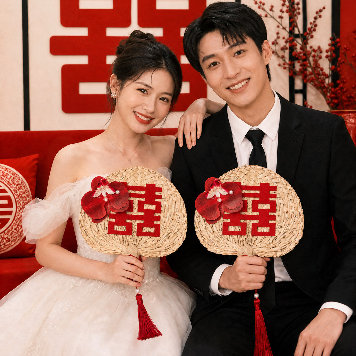 订婚拍照道具新娘新中式结婚的蒲扇喜字扇子接亲游戏道具婚礼晨袍