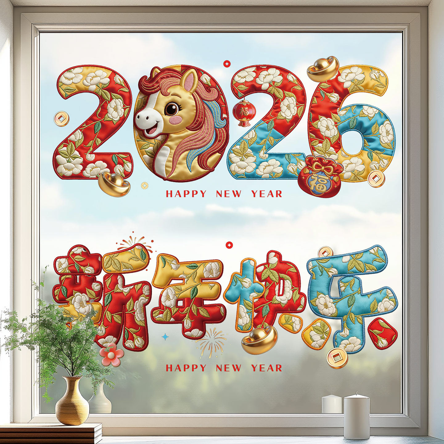 【欢喜】2026马年新款玻璃窗贴新年快乐静电贴客厅餐厅新春装饰,节庆用品/礼品,福字/窗花/窗贴,淘宝优惠券,粉丝福利购,淘宝优惠卷