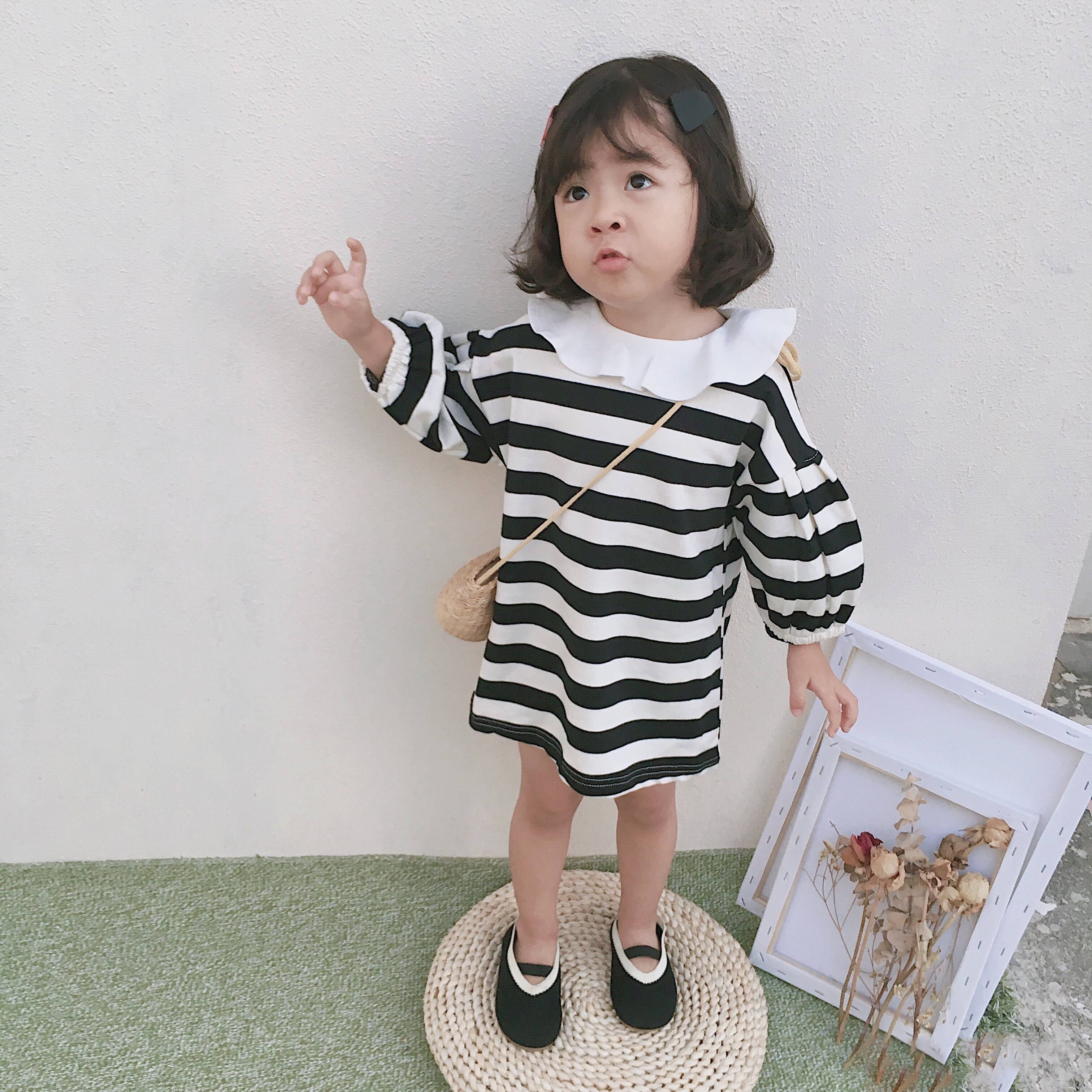 2019 Spring new pattern Female baby Lapel Wide stripes Wei Yi skirt girl Korean Edition puff sleeve Long sleeve Dressin the Children/Baby/Family fitted , Sweater/Fleece  category - from Buy2taobao.com to provide professional Taobao agent buy service